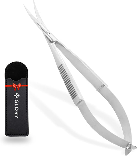 GLORY 4.5 Inch Curved Spring Scissors, Professional Stainless Steel Micro Tip Embroidery Scissors, Sharp Squeeze Snips for Sewing, Applique, Arts & Crafts, Precision Eyebrow (Silver)