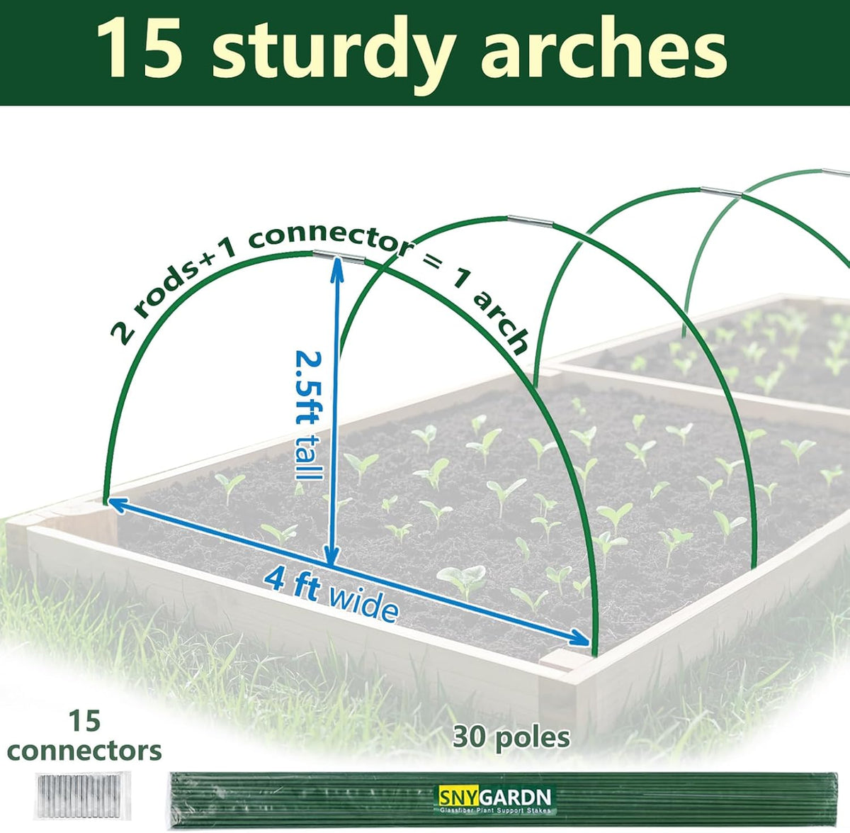 Garden Greenhouse Hoops Kit 15 Sets -2-Section Design, 8ft Grow Tunnels Poles Plant Raised Beds, 30 Pcs 4ft Solid Fiberglass Support Stakes 15 Metal Connectors -Quick Assembly No Loose Parts (Black)