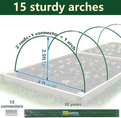 Garden Greenhouse Hoops Kit 15 Sets -2-Section Design, 8ft Grow Tunnels Poles Plant Raised Beds, 30 Pcs 4ft Solid Fiberglass Support Stakes 15 Metal Connectors -Quick Assembly No Loose Parts (Black)