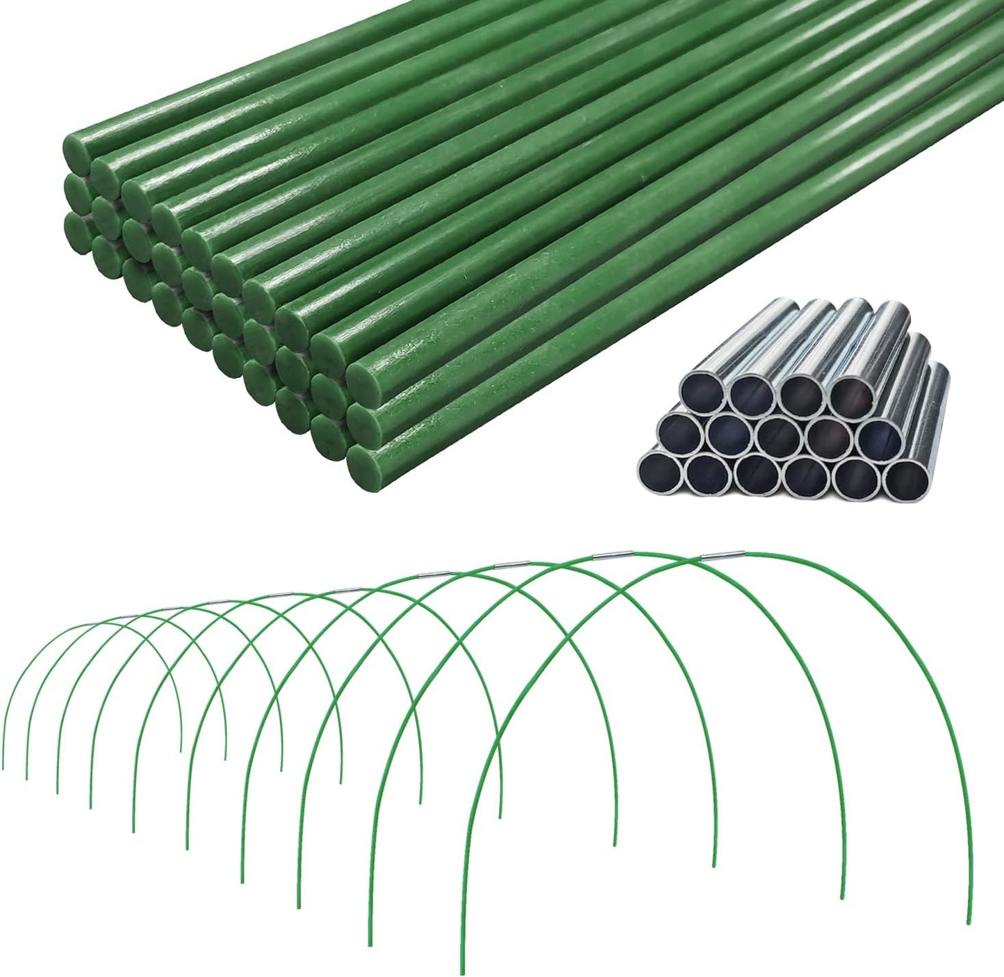 Garden Greenhouse Hoops Kit 15 Sets -2-Section Design, 8ft Grow Tunnels Poles Plant Raised Beds, 30 Pcs 4ft Solid Fiberglass Support Stakes 15 Metal Connectors -Quick Assembly No Loose Parts (Black)