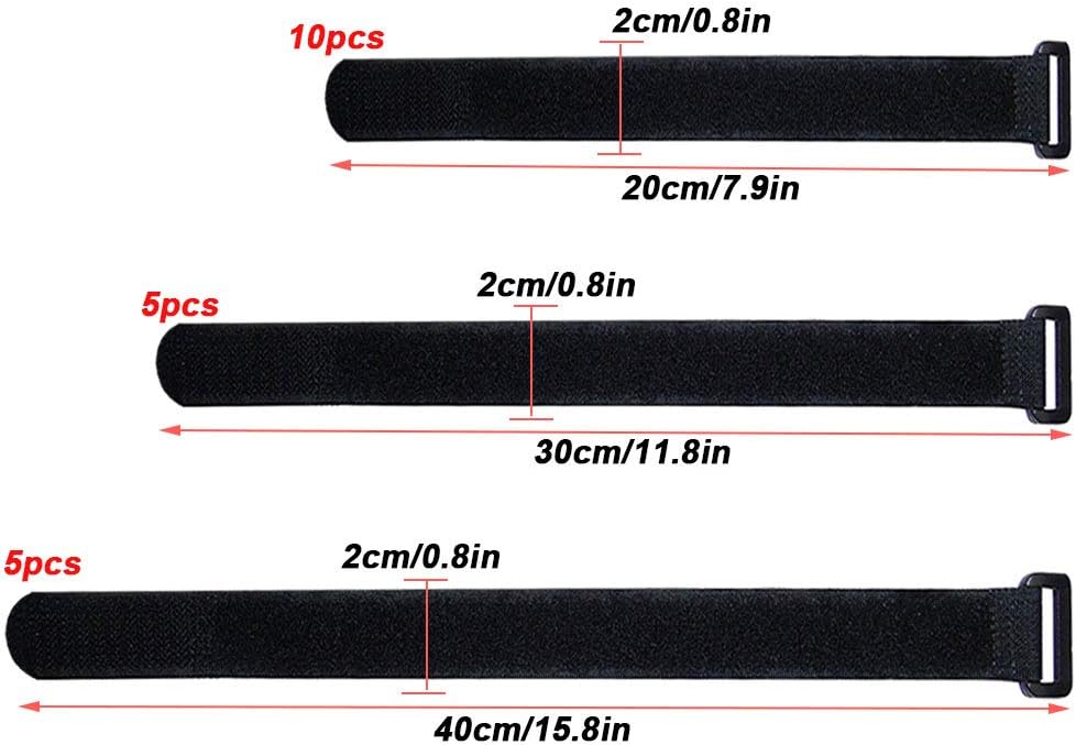 20 Pieces Black Cable Straps Set, Hook and Loop Cable Ties (20, 30, 40 cm)
