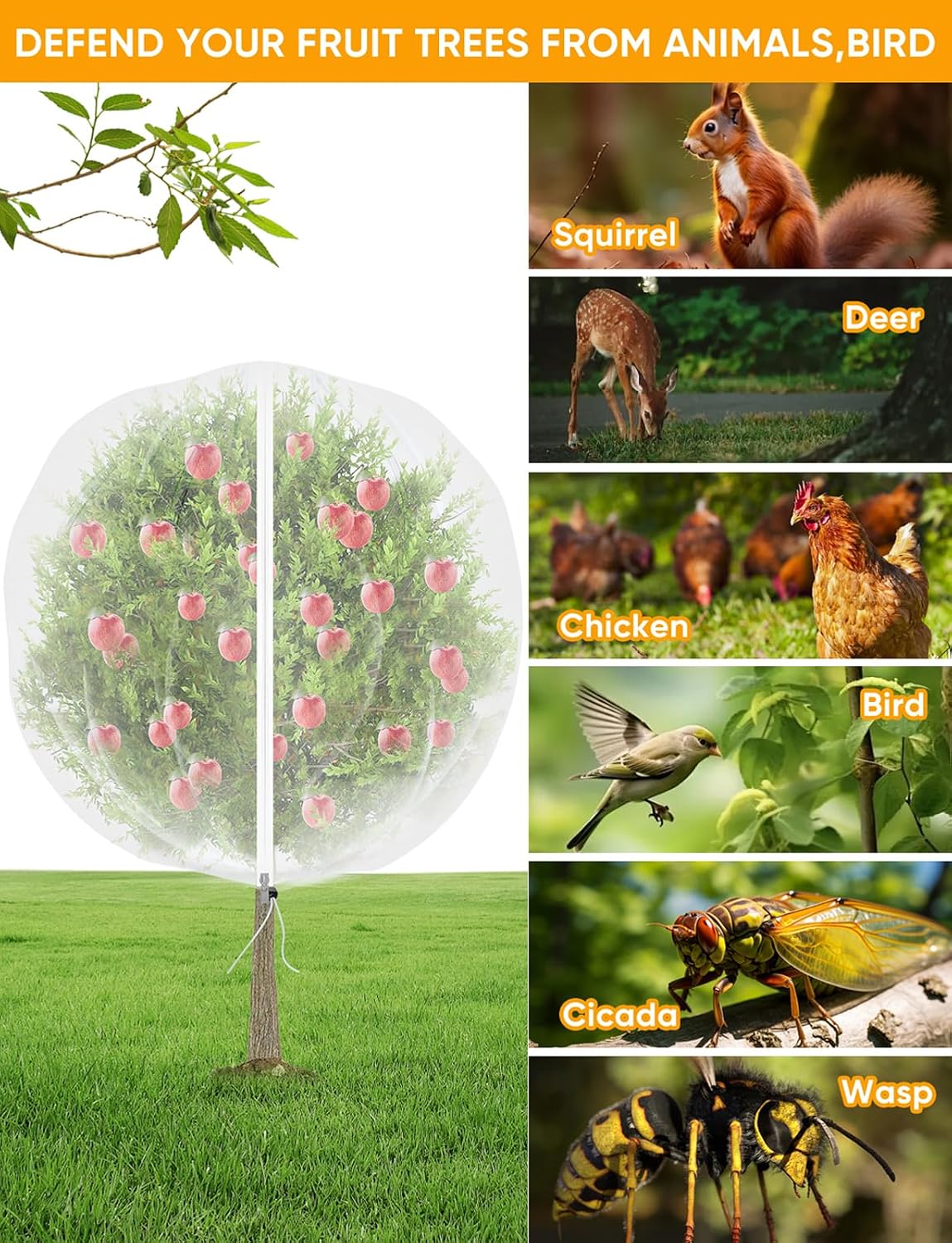 Fruit Tree Netting for Cicadas - with 2Pcs 6Ftx5.3Ft Zipper&Drawstring Protection for Your Fruit Trees Garden Bird Netting Covers Blueberry Bush Tomato Bug Plant Protection Cherry Apple Tree