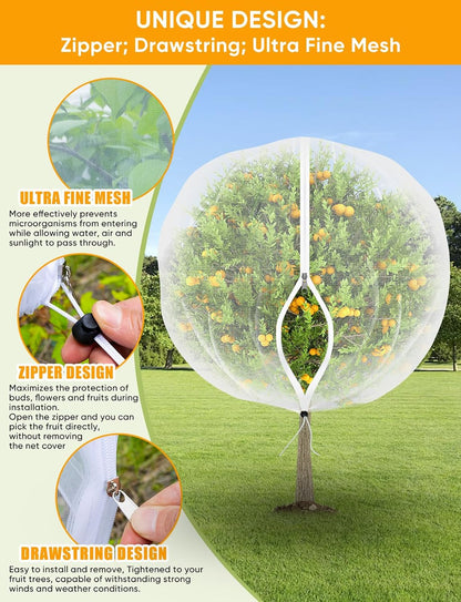Fruit Tree Netting for Cicadas - with 2Pcs 6Ftx5.3Ft Zipper&Drawstring Protection for Your Fruit Trees Garden Bird Netting Covers Blueberry Bush Tomato Bug Plant Protection Cherry Apple Tree