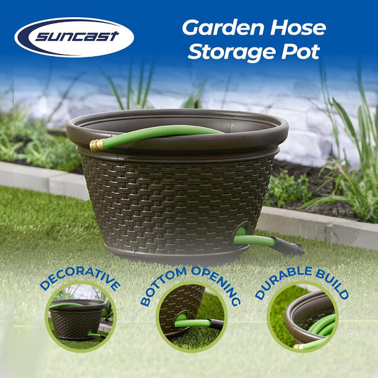 Decorative Wicker Garden Hose Holder Pot with 4 Drain Holes for 100 Foot Hoses, Java