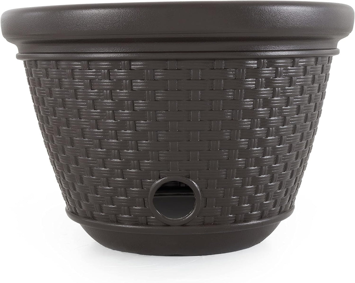 Decorative Wicker Garden Hose Holder Pot with 4 Drain Holes for 100 Foot Hoses, Java