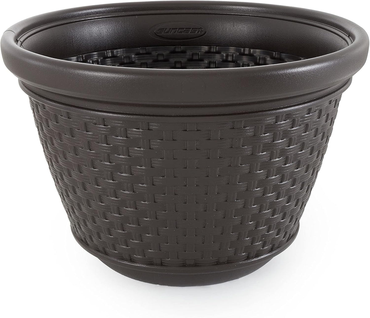Decorative Wicker Garden Hose Holder Pot with 4 Drain Holes for 100 Foot Hoses, Java