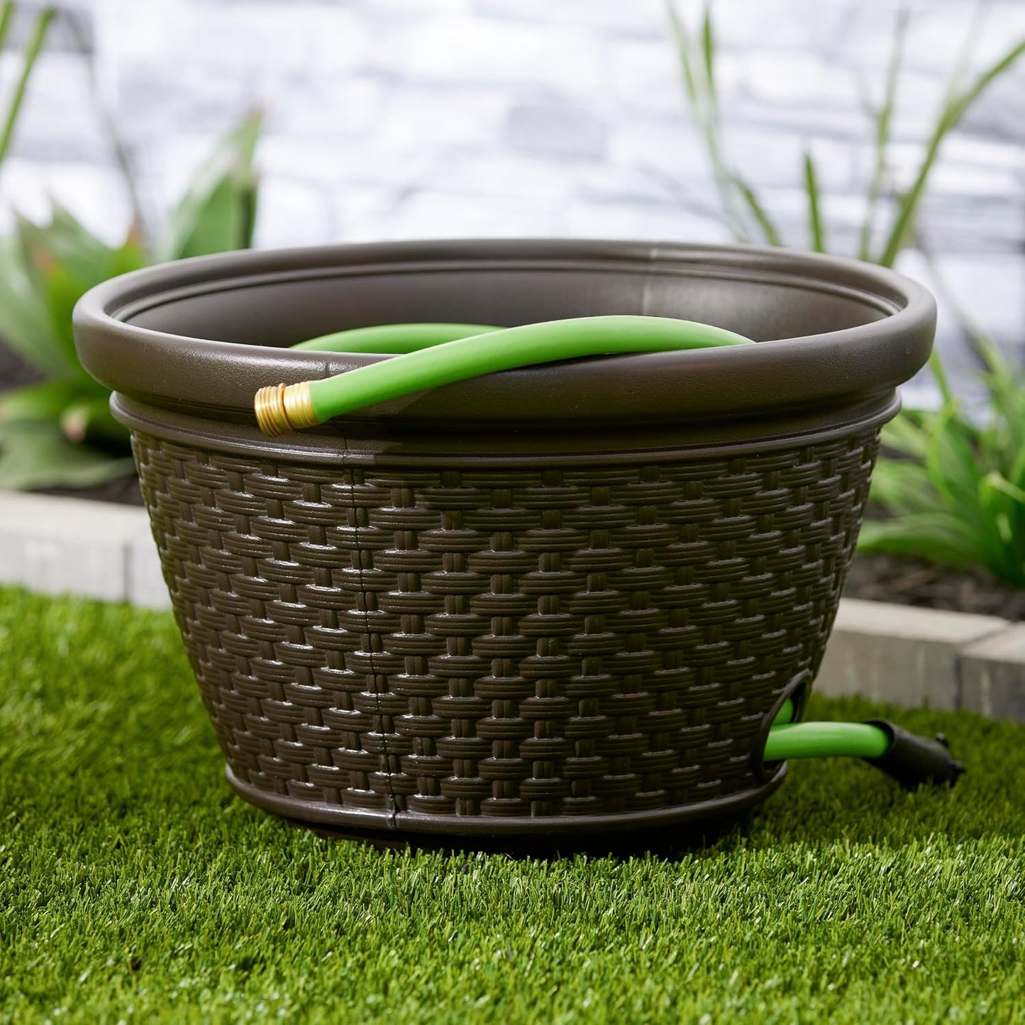 Decorative Wicker Garden Hose Holder Pot with 4 Drain Holes for 100 Foot Hoses, Java