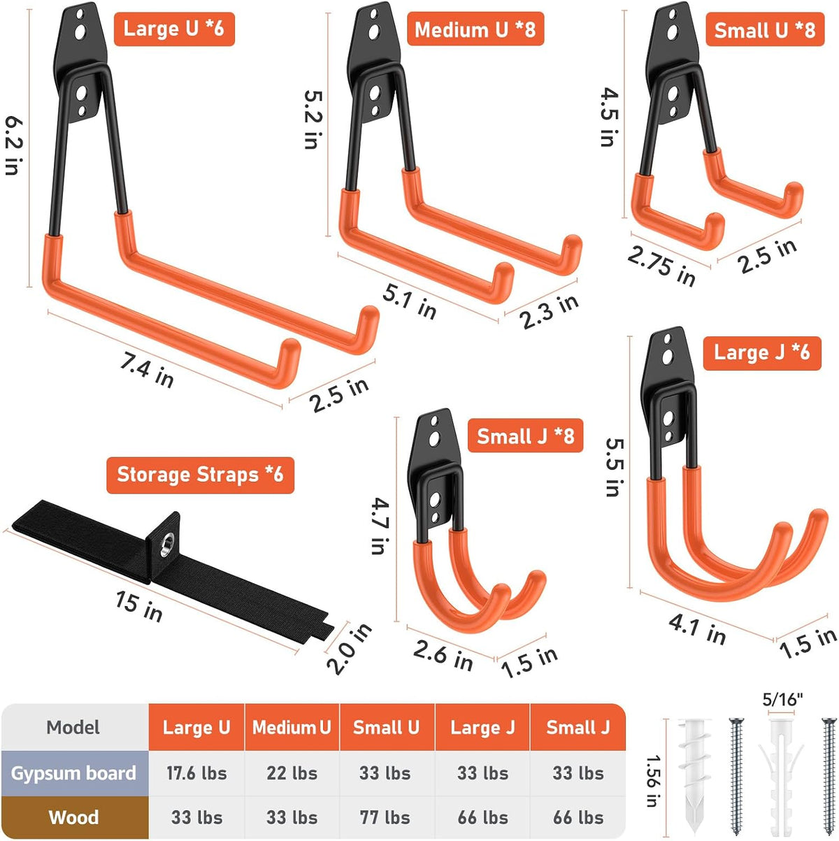 Garage Hooks, Anti-Slip Heavy Duty Wall Mount Hooks, 32-Pack