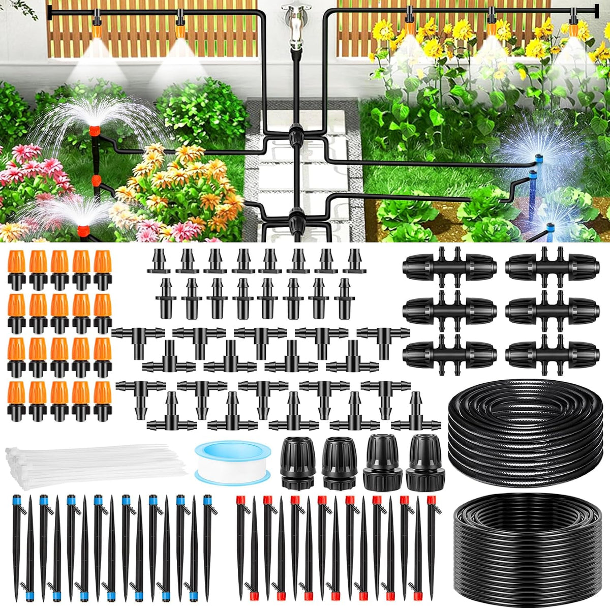 250FT Drip Irrigation System Kit, Automatic Drip Irrigation Kit with 1/2 inch Hose 1/4 inch Distribution Tubing and Accessories for Greenhouse, Yard, Lawn