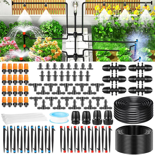 250FT Drip Irrigation System Kit, Automatic Drip Irrigation Kit with 1/2 inch Hose 1/4 inch Distribution Tubing and Accessories for Greenhouse, Yard, Lawn