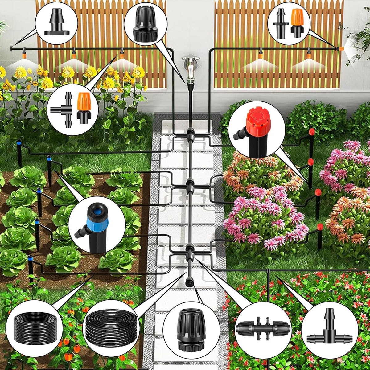 250FT Drip Irrigation System Kit, Automatic Drip Irrigation Kit with 1/2 inch Hose 1/4 inch Distribution Tubing and Accessories for Greenhouse, Yard, Lawn