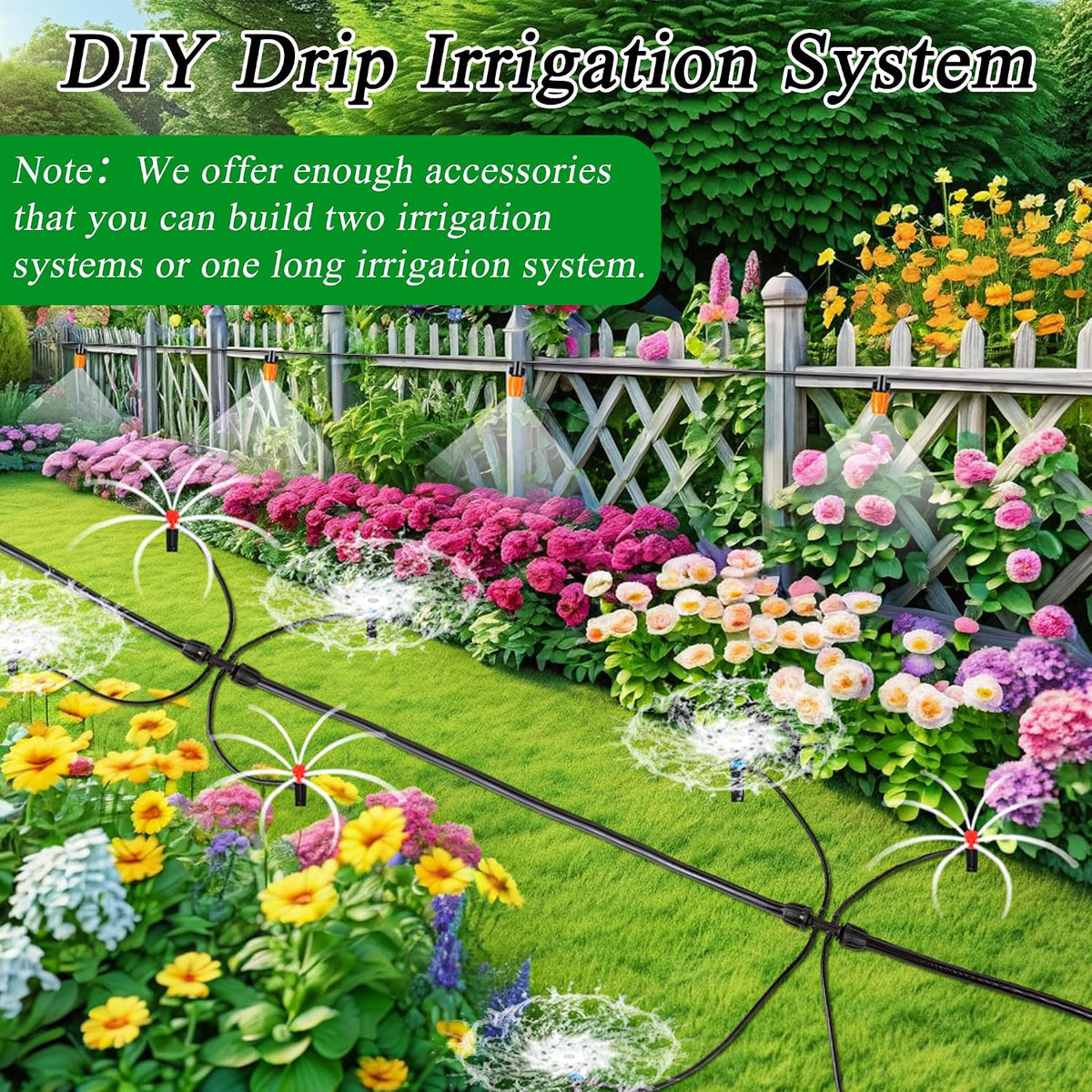 250FT Drip Irrigation System Kit, Automatic Drip Irrigation Kit with 1/2 inch Hose 1/4 inch Distribution Tubing and Accessories for Greenhouse, Yard, Lawn