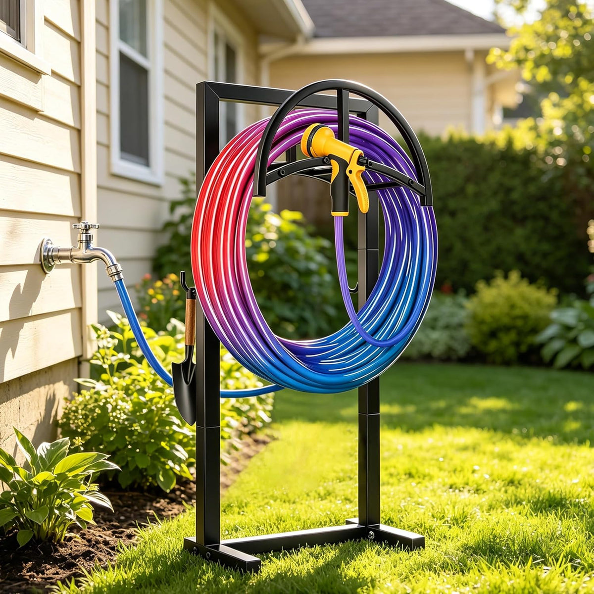 IBVIVIC Garden Hose Holder, Hose Stand with Stable Base and Tool Hooks, Heavy-Duty Freestanding Water Hose Holder Holds 160 Ft Hose, Rustproof Garden Hose Storage Hanger Rack for Outside, Yard, Lawn