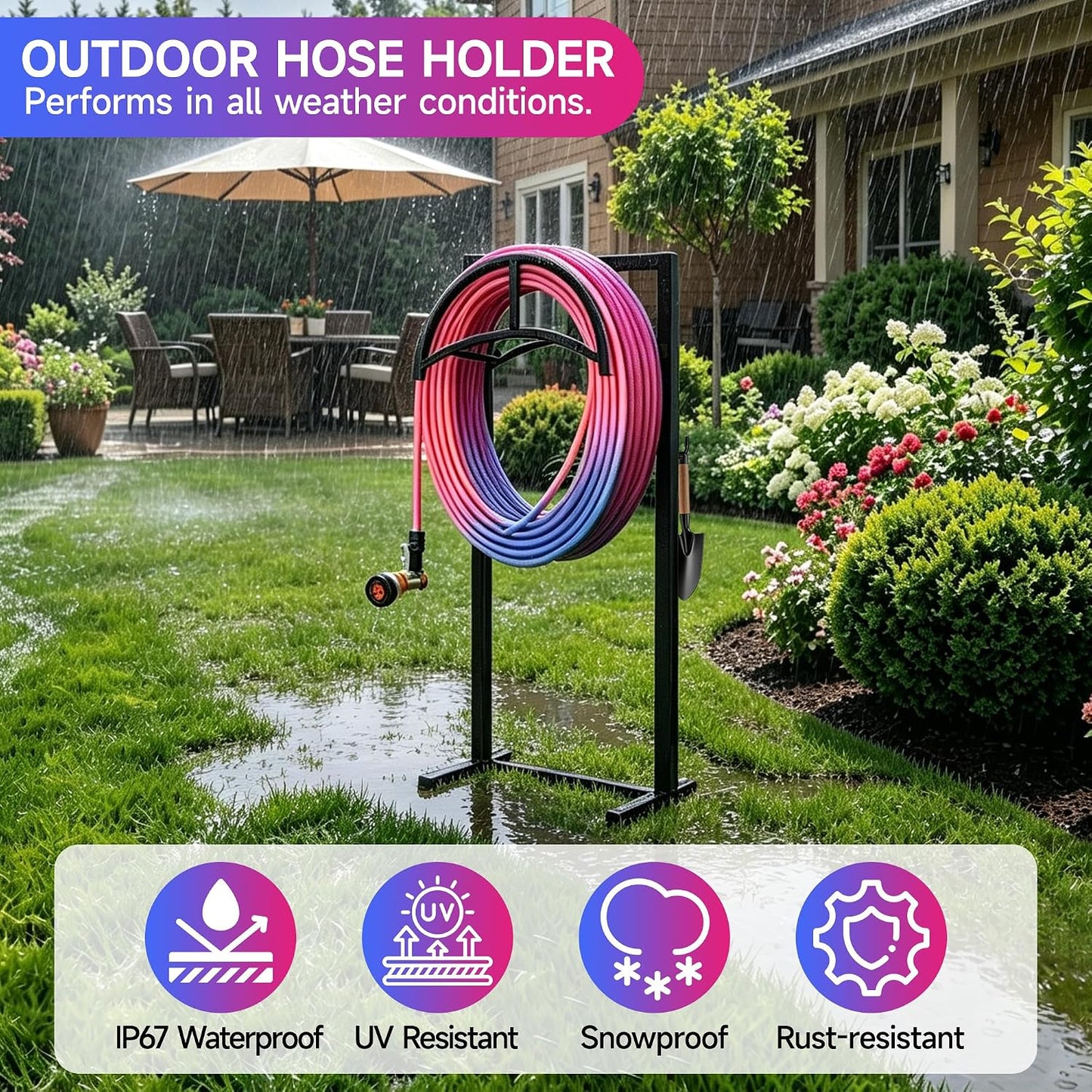 IBVIVIC Garden Hose Holder, Hose Stand with Stable Base and Tool Hooks, Heavy-Duty Freestanding Water Hose Holder Holds 160 Ft Hose, Rustproof Garden Hose Storage Hanger Rack for Outside, Yard, Lawn