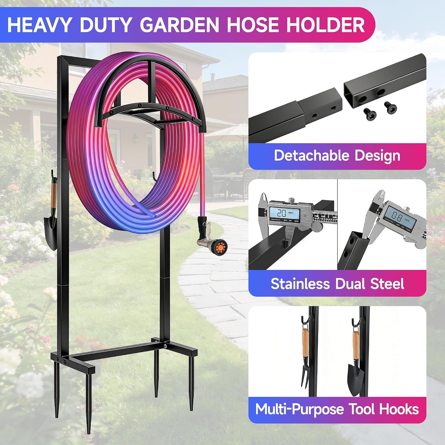 IBVIVIC Garden Hose Holder, Hose Stand with Stable Base and Tool Hooks, Heavy-Duty Freestanding Water Hose Holder Holds 160 Ft Hose, Rustproof Garden Hose Storage Hanger Rack for Outside, Yard, Lawn