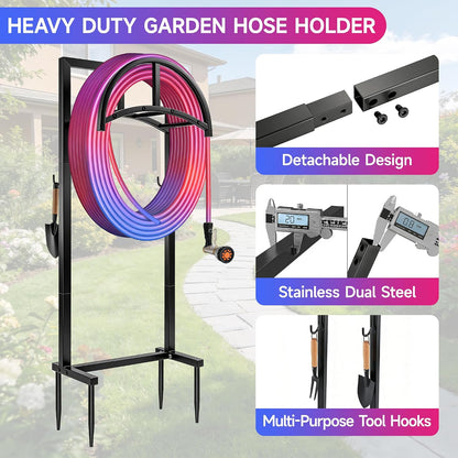 IBVIVIC Garden Hose Holder, Hose Stand with Stable Base and Tool Hooks, Heavy-Duty Freestanding Water Hose Holder Holds 160 Ft Hose, Rustproof Garden Hose Storage Hanger Rack for Outside, Yard, Lawn