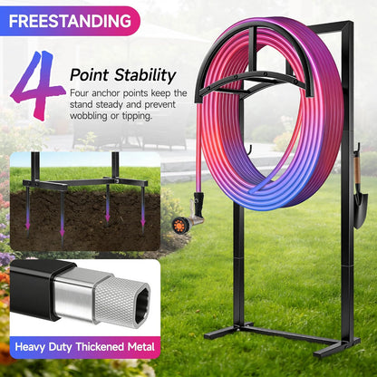 IBVIVIC Garden Hose Holder, Hose Stand with Stable Base and Tool Hooks, Heavy-Duty Freestanding Water Hose Holder Holds 160 Ft Hose, Rustproof Garden Hose Storage Hanger Rack for Outside, Yard, Lawn