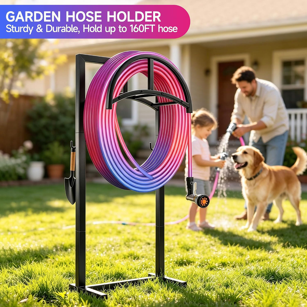 IBVIVIC Garden Hose Holder, Hose Stand with Stable Base and Tool Hooks, Heavy-Duty Freestanding Water Hose Holder Holds 160 Ft Hose, Rustproof Garden Hose Storage Hanger Rack for Outside, Yard, Lawn