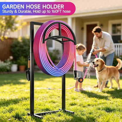 IBVIVIC Garden Hose Holder, Hose Stand with Stable Base and Tool Hooks, Heavy-Duty Freestanding Water Hose Holder Holds 160 Ft Hose, Rustproof Garden Hose Storage Hanger Rack for Outside, Yard, Lawn