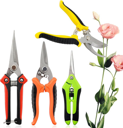 4 Pack Garden Pruning Shears Stainless Steel Clipper Kits, Handheld Garden Trimming Scissors with Sharp Blade Snips Scissors- Gardening Tools for Flowers Plant Branches (Curved & Straight Blade)