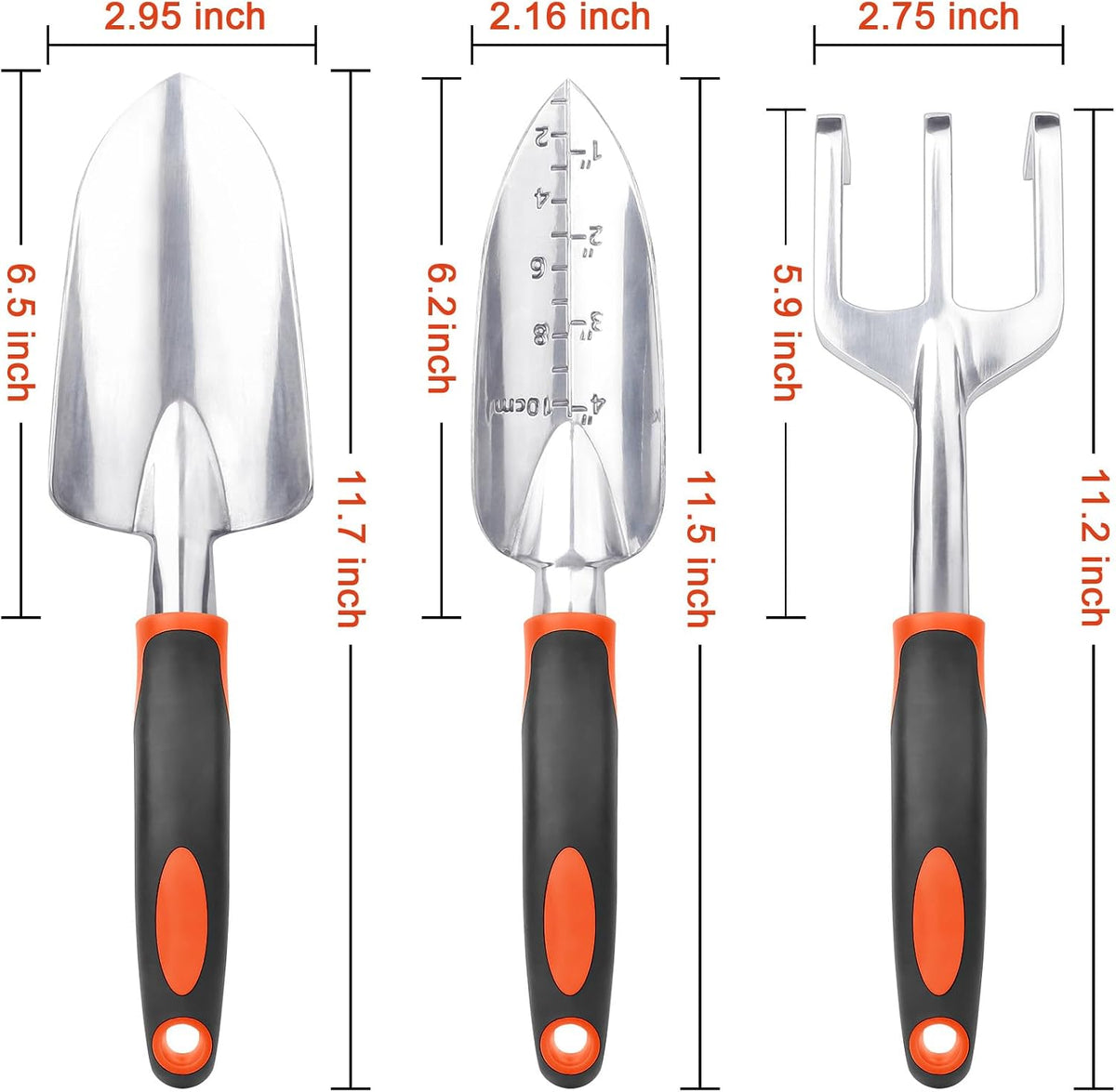 Garden Tools Set, 3 Pack Heavy Duty Gardening Tools Set Include Garden Shovel, Transplant Trowel and Hand Rake with Ergonomic Handle, Aluminum Alloy Lawn for Planting, Orange