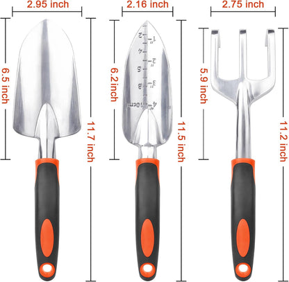 Garden Tools Set, 3 Pack Heavy Duty Gardening Tools Set Include Garden Shovel, Transplant Trowel and Hand Rake with Ergonomic Handle, Aluminum Alloy Lawn for Planting, Orange