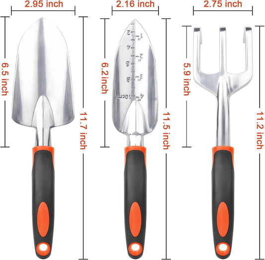 Garden Tools Set, 3 Pack Heavy Duty Gardening Tools Set Include Garden Shovel, Transplant Trowel and Hand Rake with Ergonomic Handle, Aluminum Alloy Lawn for Planting, Orange