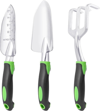 Garden Tools Set, 3 Pack Heavy Duty Gardening Tools Set Include Garden Shovel, Transplant Trowel and Hand Rake with Ergonomic Handle, Aluminum Alloy Lawn for Planting, Orange