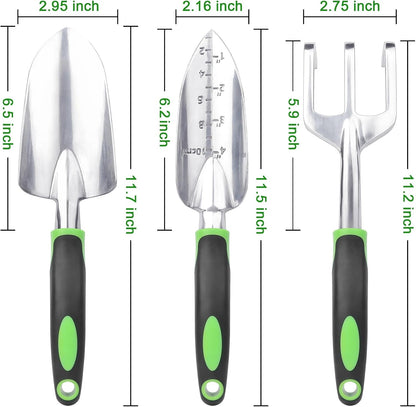 Garden Tools Set, 3 Pack Heavy Duty Gardening Tools Set Include Garden Shovel, Transplant Trowel and Hand Rake with Ergonomic Handle, Aluminum Alloy Lawn for Planting, Orange