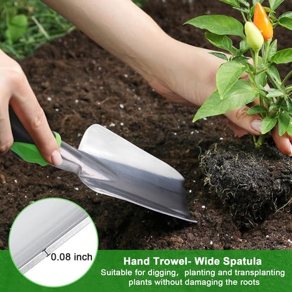Garden Tools Set, 3 Pack Heavy Duty Gardening Tools Set Include Garden Shovel, Transplant Trowel and Hand Rake with Ergonomic Handle, Aluminum Alloy Lawn for Planting, Orange
