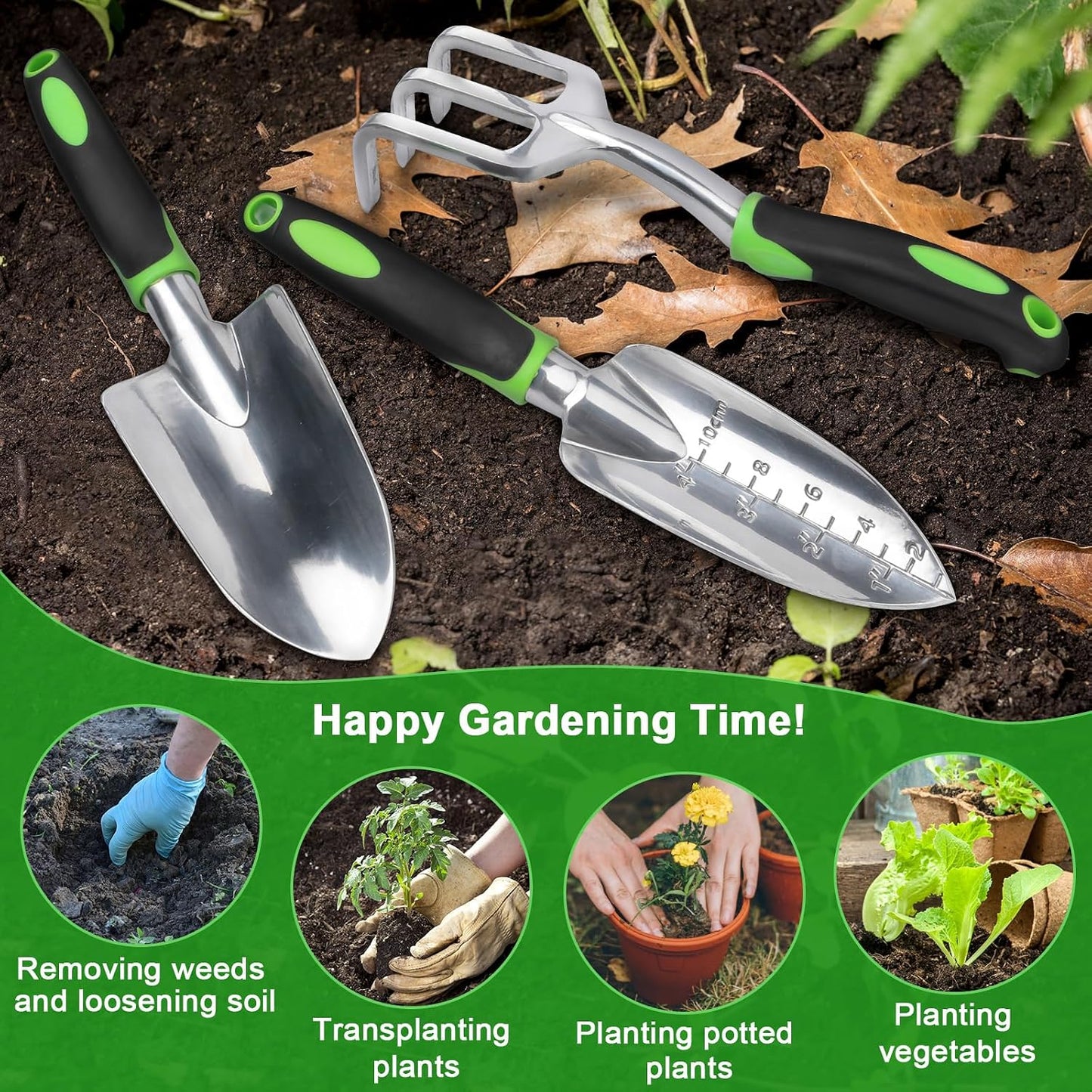 Garden Tools Set, 3 Pack Heavy Duty Gardening Tools Set Include Garden Shovel, Transplant Trowel and Hand Rake with Ergonomic Handle, Aluminum Alloy Lawn for Planting, Orange