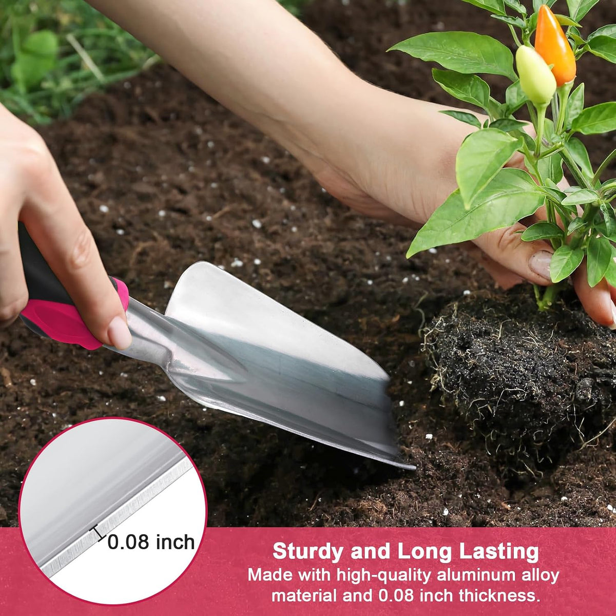 Garden Tools Set, 3 Pack Heavy Duty Gardening Tools Set Include Garden Shovel, Transplant Trowel and Hand Rake with Ergonomic Handle, Aluminum Alloy Lawn for Planting, Orange