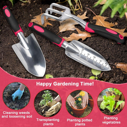 Garden Tools Set, 3 Pack Heavy Duty Gardening Tools Set Include Garden Shovel, Transplant Trowel and Hand Rake with Ergonomic Handle, Aluminum Alloy Lawn for Planting, Orange