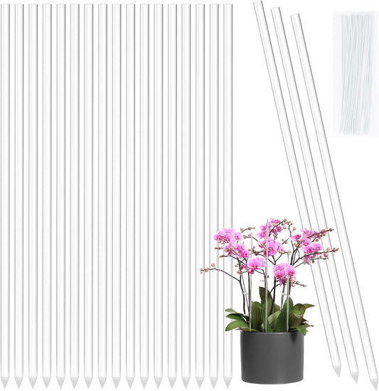 Plant Stakes Acrylic Clear Sticks 20 Pcs with Twist Ties
