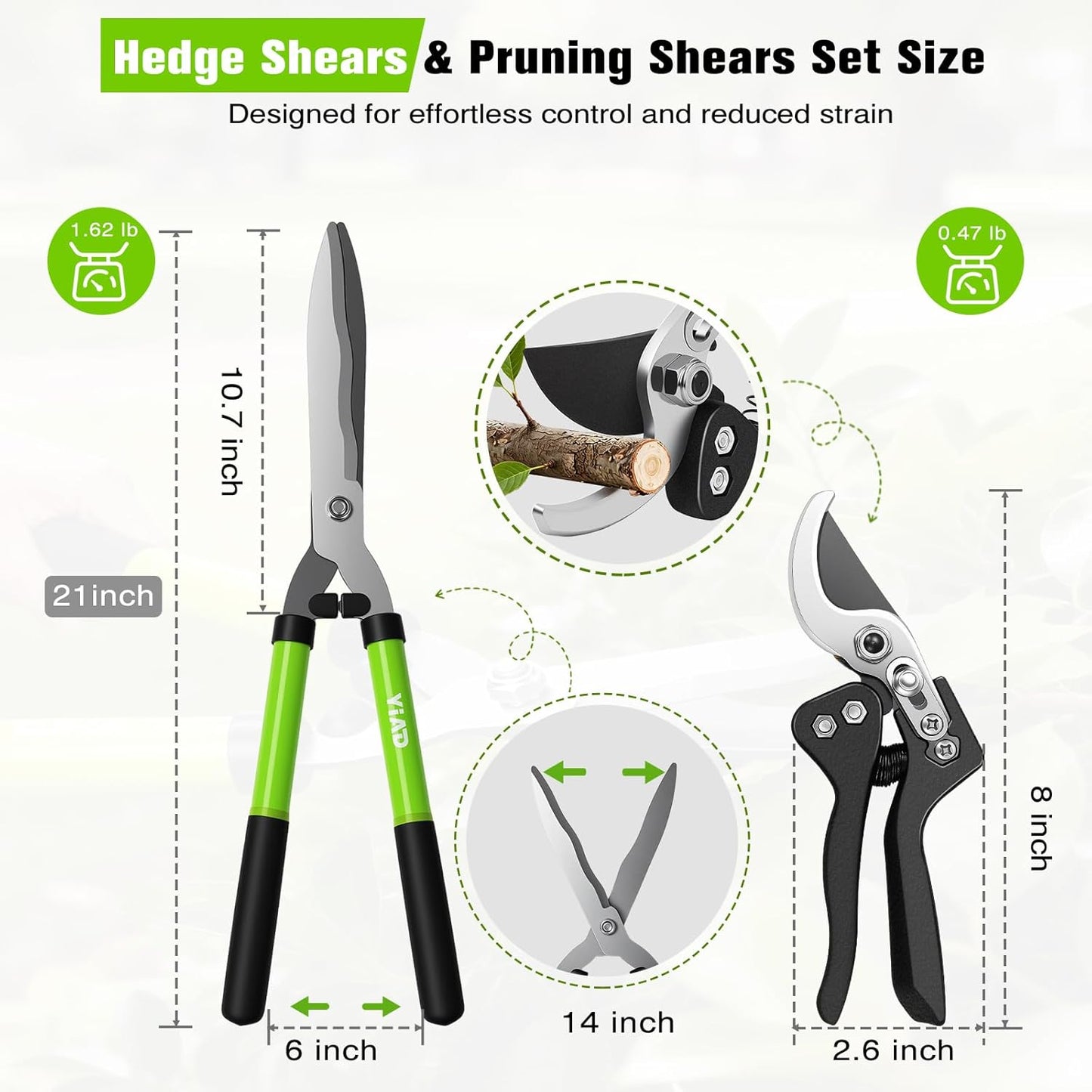 21" Hedge Shears, 7.5" Pruning Shears Set, Wavy Steel Blades