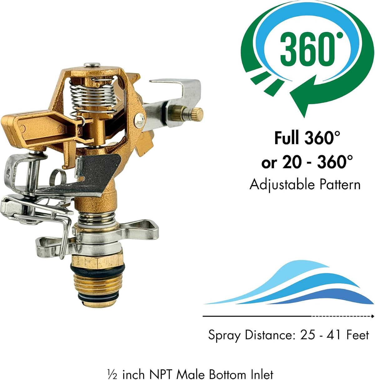 Brass Impact Sprinkler Head, 1/2” Male Pipe Thread – Adjustable 20°–360° Arc, 25–41 Ft Coverage – Heavy-Duty All-Brass Construction for Lawn Irrigation, Long-Range Watering & Durability