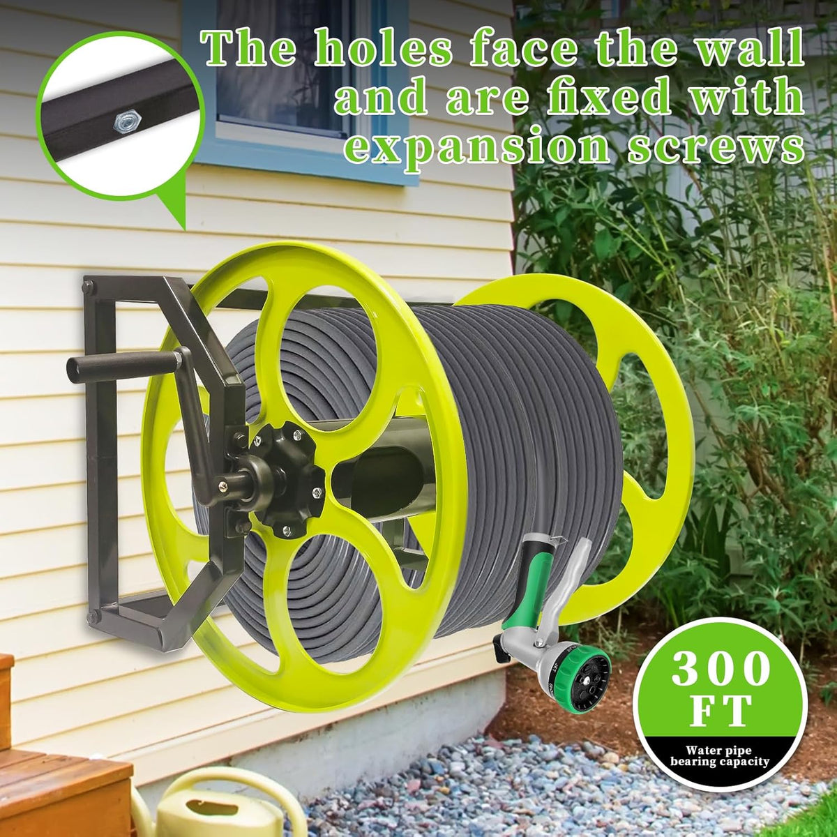 300FT Wall/Floor Mount Garden Hose Reel with Crank, for 5/8"