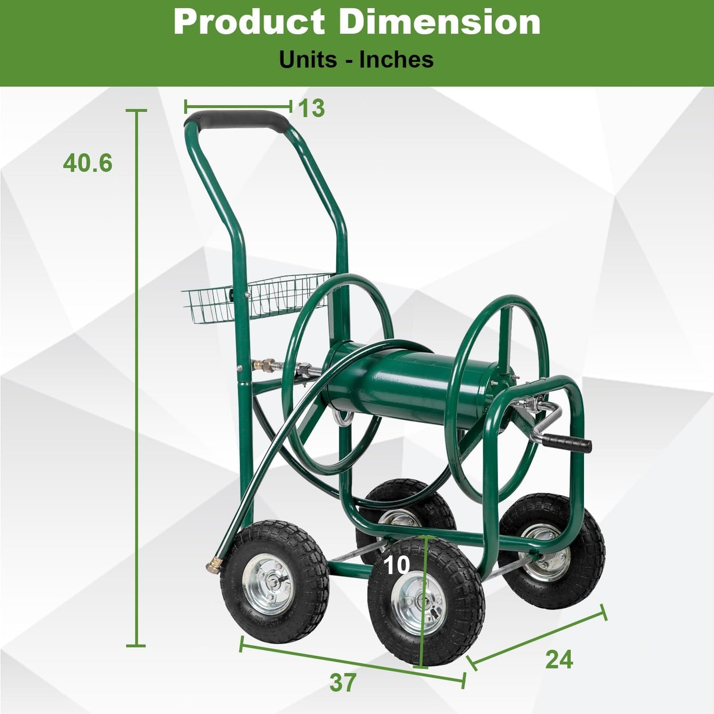Hose Reel Cart, Hose Cart with Wheels, Water Hose Reel Cart Hose Reels for Outside,Holds 300 FT (5/8") Capacity, Outdoor Watering Cart with Storage Basket for Lawn, Patio, and Farm (Green)