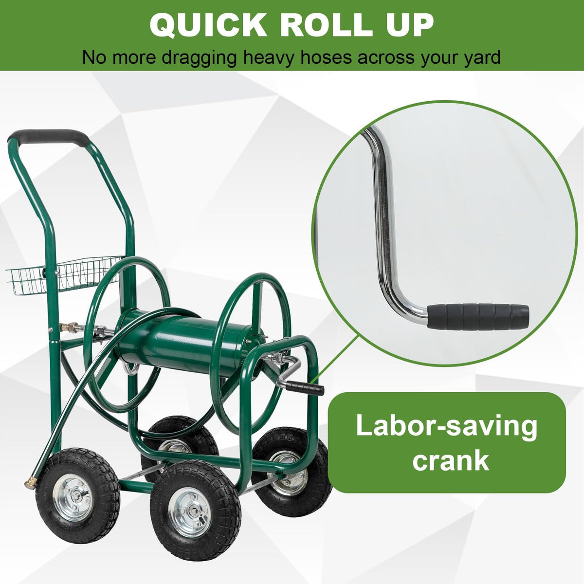 Hose Reel Cart, Hose Cart with Wheels, Water Hose Reel Cart Hose Reels for Outside,Holds 300 FT (5/8") Capacity, Outdoor Watering Cart with Storage Basket for Lawn, Patio, and Farm (Green)