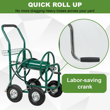 Hose Reel Cart, Hose Cart with Wheels, Water Hose Reel Cart Hose Reels for Outside,Holds 300 FT (5/8") Capacity, Outdoor Watering Cart with Storage Basket for Lawn, Patio, and Farm (Green)