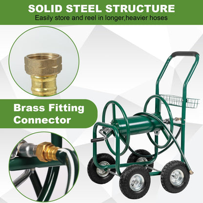 Hose Reel Cart, Hose Cart with Wheels, Water Hose Reel Cart Hose Reels for Outside,Holds 300 FT (5/8") Capacity, Outdoor Watering Cart with Storage Basket for Lawn, Patio, and Farm (Green)