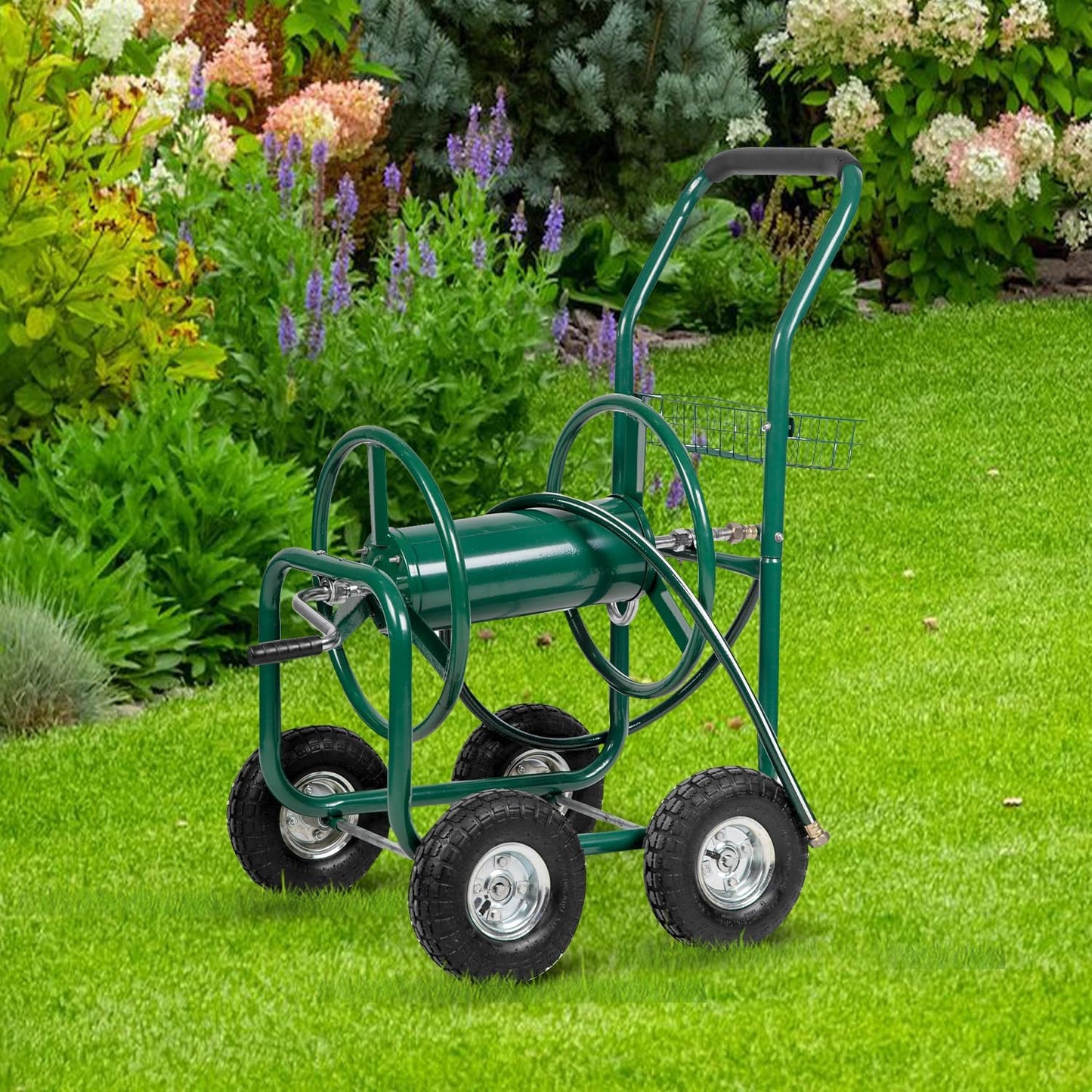 Hose Reel Cart, Hose Cart with Wheels, Water Hose Reel Cart Hose Reels for Outside,Holds 300 FT (5/8") Capacity, Outdoor Watering Cart with Storage Basket for Lawn, Patio, and Farm (Green)