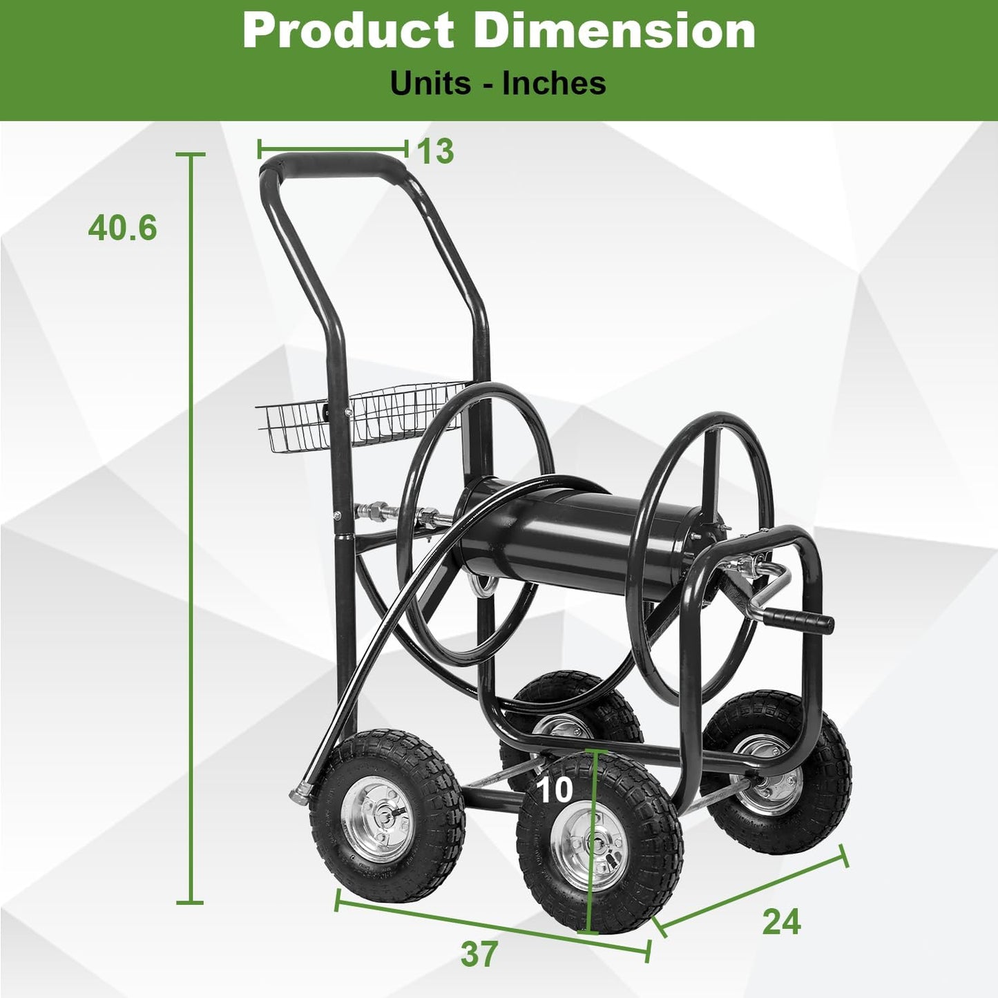 Hose Reel Cart, Hose Cart with Wheels, Water Hose Reel Cart Hose Reels for Outside,Holds 300 FT (5/8") Capacity, Outdoor Watering Cart with Storage Basket for Lawn, Patio, and Farm (Green)