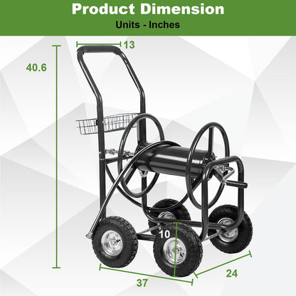 Hose Reel Cart, Hose Cart with Wheels, Water Hose Reel Cart Hose Reels for Outside,Holds 300 FT (5/8") Capacity, Outdoor Watering Cart with Storage Basket for Lawn, Patio, and Farm (Green)