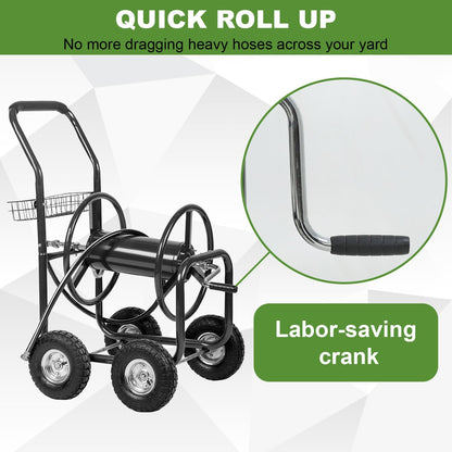 Hose Reel Cart, Hose Cart with Wheels, Water Hose Reel Cart Hose Reels for Outside,Holds 300 FT (5/8") Capacity, Outdoor Watering Cart with Storage Basket for Lawn, Patio, and Farm (Green)