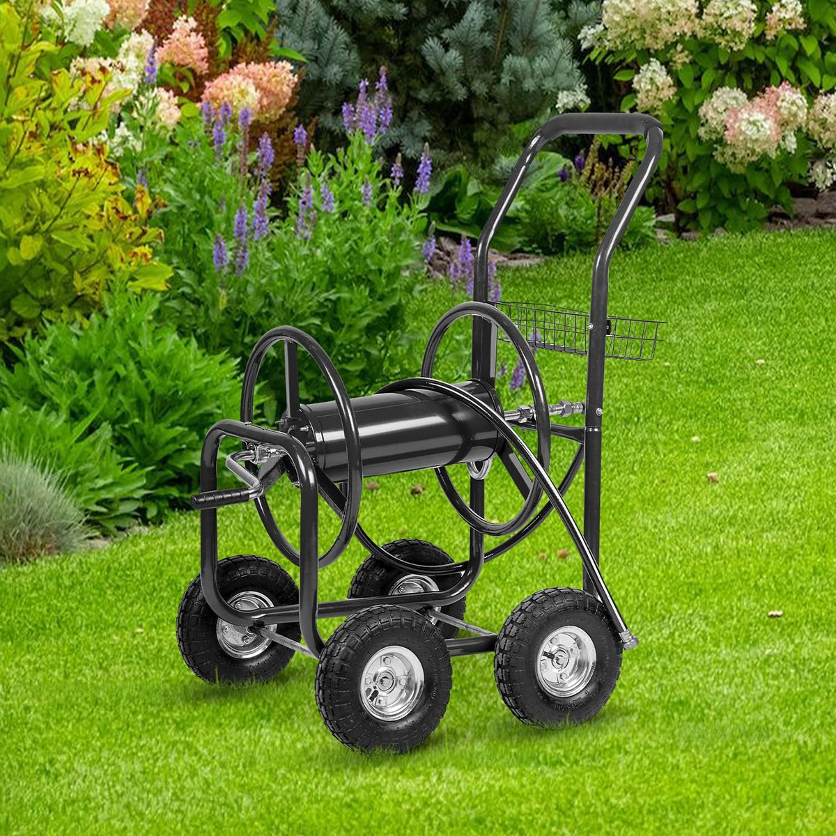 Hose Reel Cart, Hose Cart with Wheels, Water Hose Reel Cart Hose Reels for Outside,Holds 300 FT (5/8") Capacity, Outdoor Watering Cart with Storage Basket for Lawn, Patio, and Farm (Green)