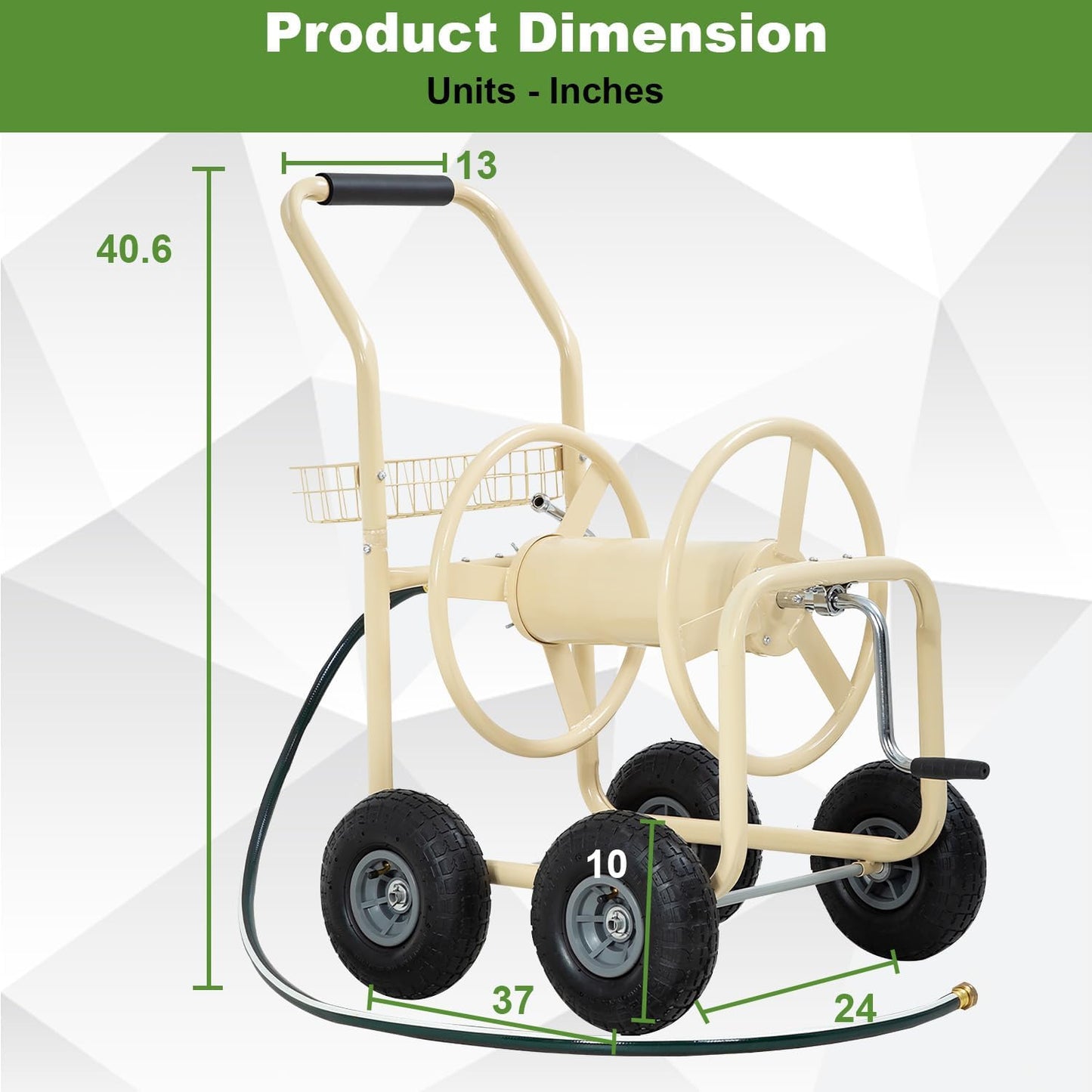 Hose Reel Cart, Hose Cart with Wheels, Water Hose Reel Cart Hose Reels for Outside,Holds 300 FT (5/8") Capacity, Outdoor Watering Cart with Storage Basket for Lawn, Patio, and Farm (Green)