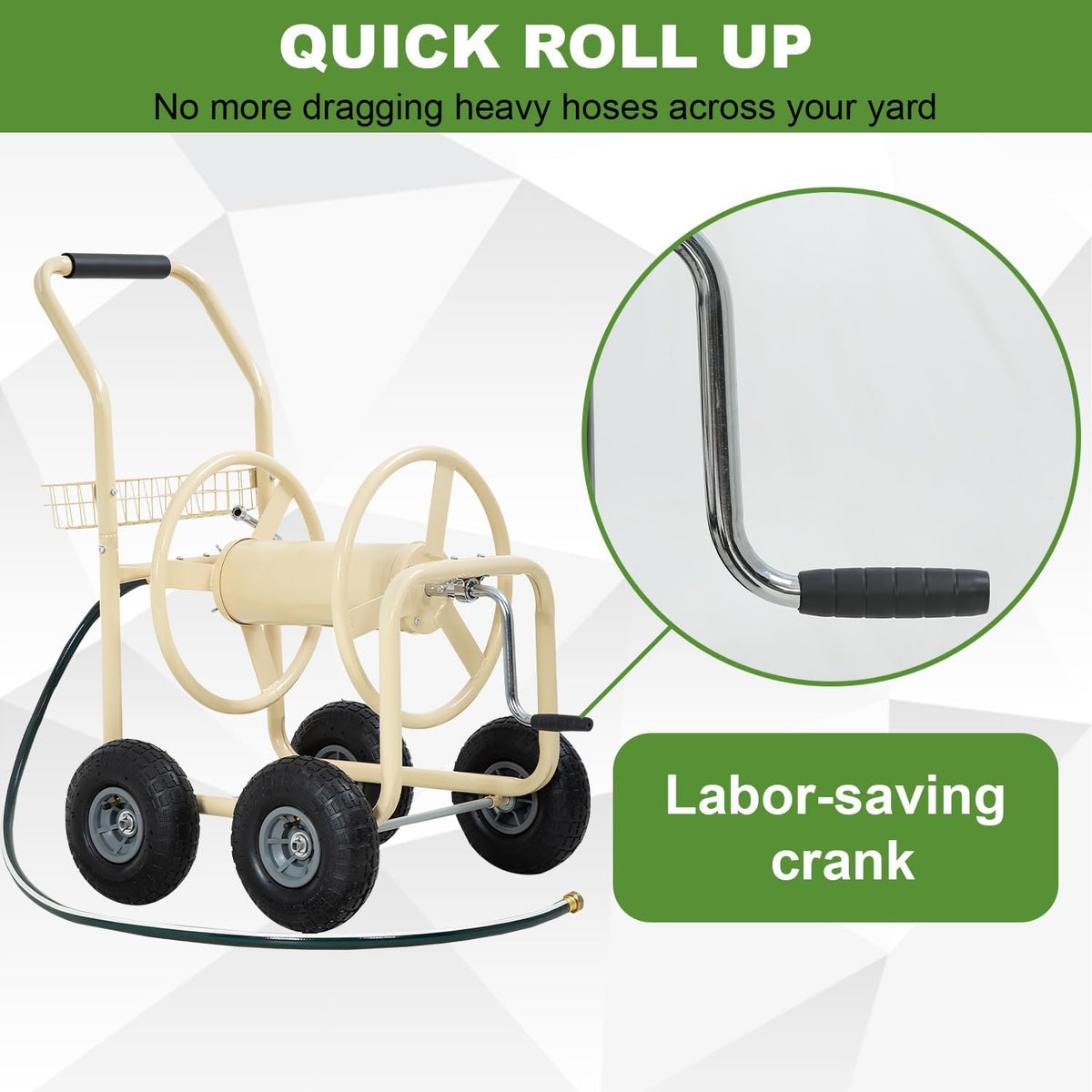 Hose Reel Cart, Hose Cart with Wheels, Water Hose Reel Cart Hose Reels for Outside,Holds 300 FT (5/8") Capacity, Outdoor Watering Cart with Storage Basket for Lawn, Patio, and Farm (Green)