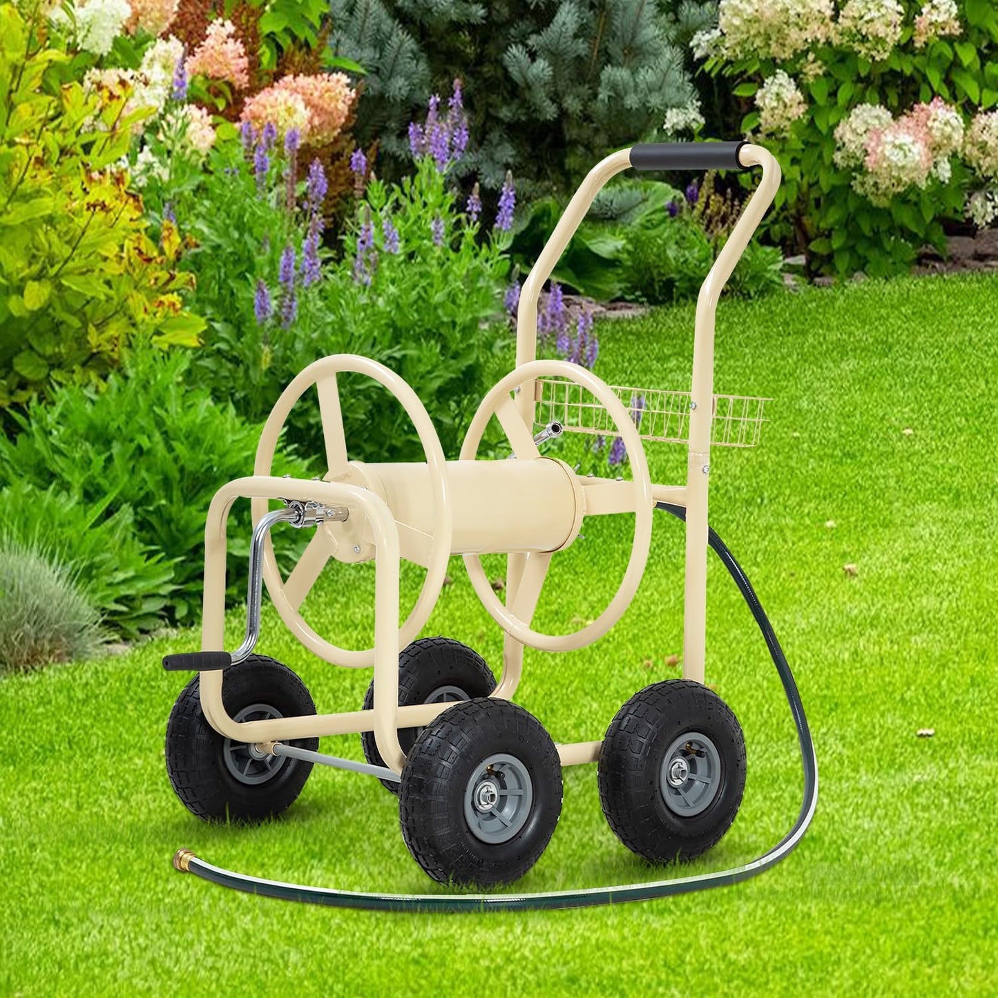 Hose Reel Cart, Hose Cart with Wheels, Water Hose Reel Cart Hose Reels for Outside,Holds 300 FT (5/8") Capacity, Outdoor Watering Cart with Storage Basket for Lawn, Patio, and Farm (Green)