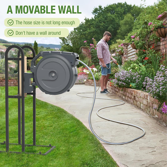 Retractable Hose Reel Stand, No Wall Damaged Freestanding Hose Holder Post